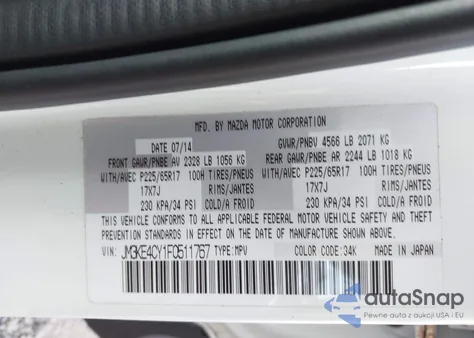 2015 Mazda Cx-5 Touring z USA, uszkodzony, nr VIN JM3KE4CY1F0511767